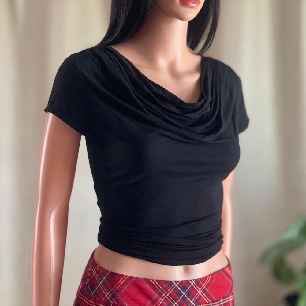 Studio M Womens Black Cowl Neck Short Sleeve Top Stretch Viscose XS 5E02T33